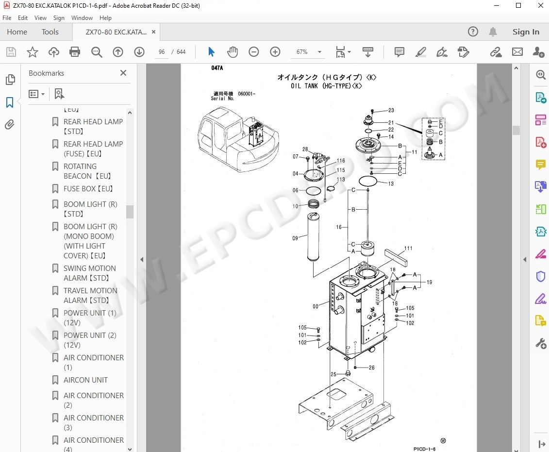 Hitachi Excavator Zaxis ZX70 ZX80 spare parts manual